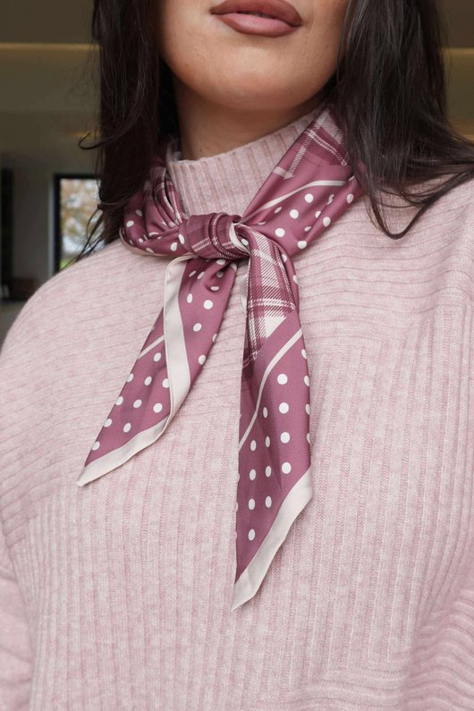 Plaid & Polka Border Triangle Silk Neckerchief Deep Rose